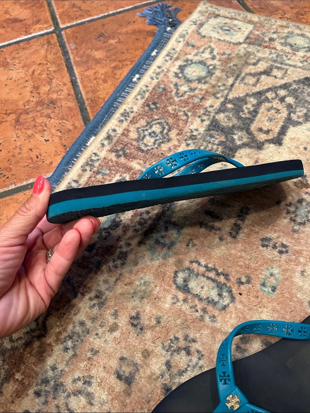Tory Burch Teal Logo Thong Sandals